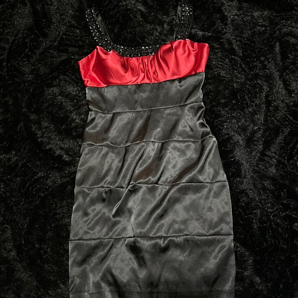 Silk red and black Michelle Bohbot Bisou Bisou dress.